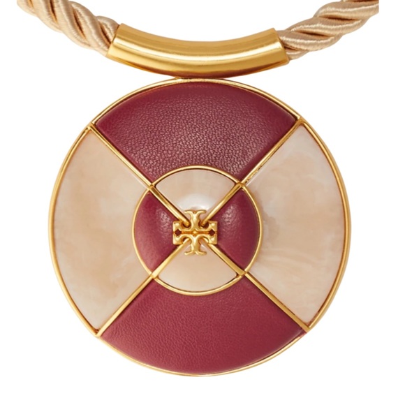 TORY BURCH • Burgundy Kira Ivory Leather Pendant Necklace - Picture 4 of 5